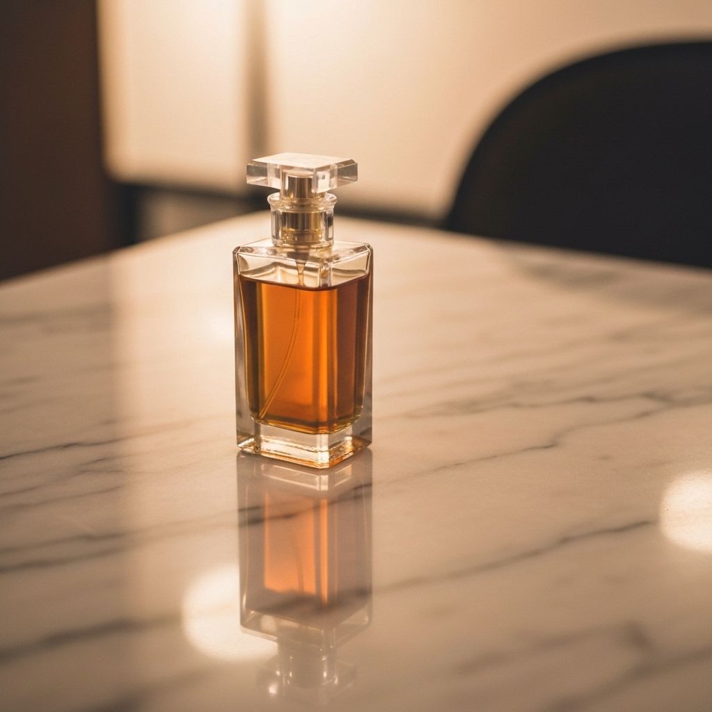 Elegant perfume bottle on a marble table under soft light